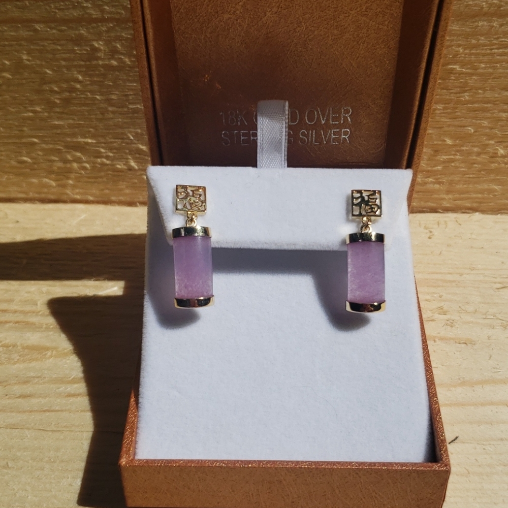 Genuine Jade Purple Good Luck Earrings 18k